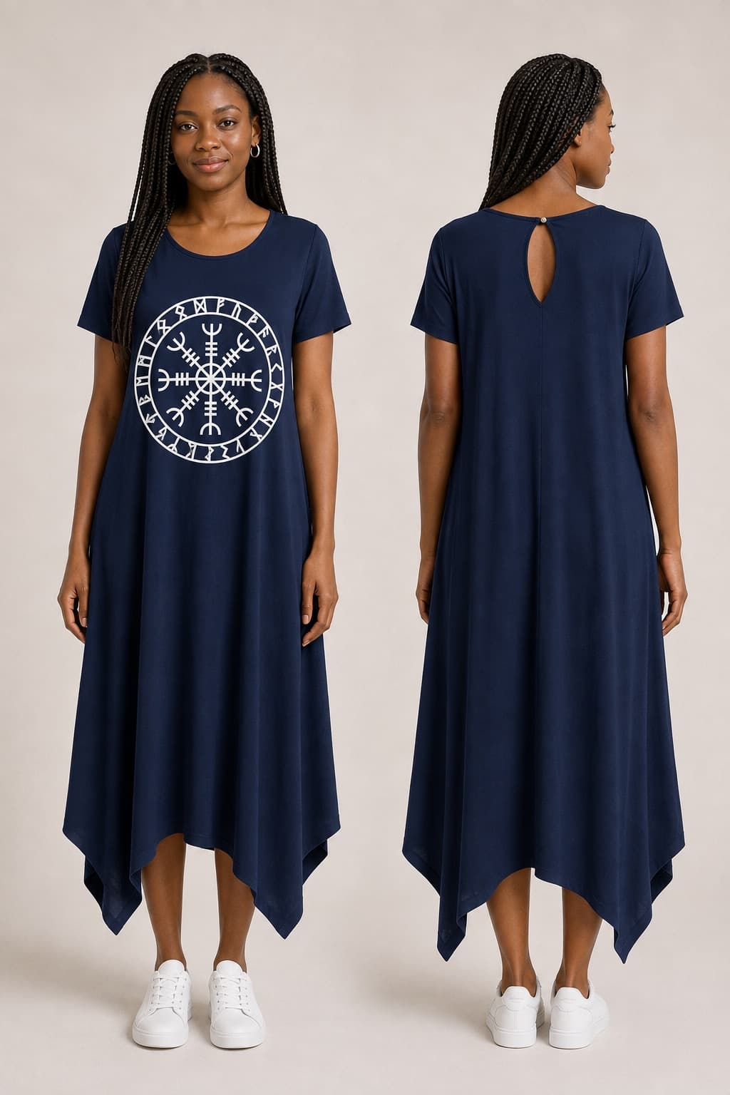 Vestido de Manga Elmo com Alfabeto de Runas — Azul Marinho