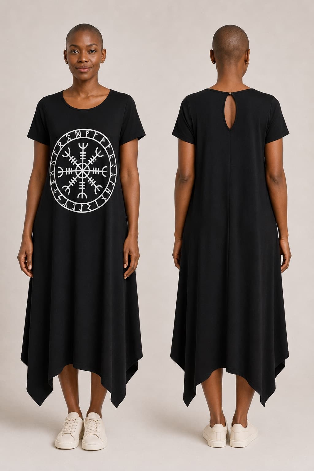 Vestido de Manga Elmo com Alfabeto de Runas — Preto