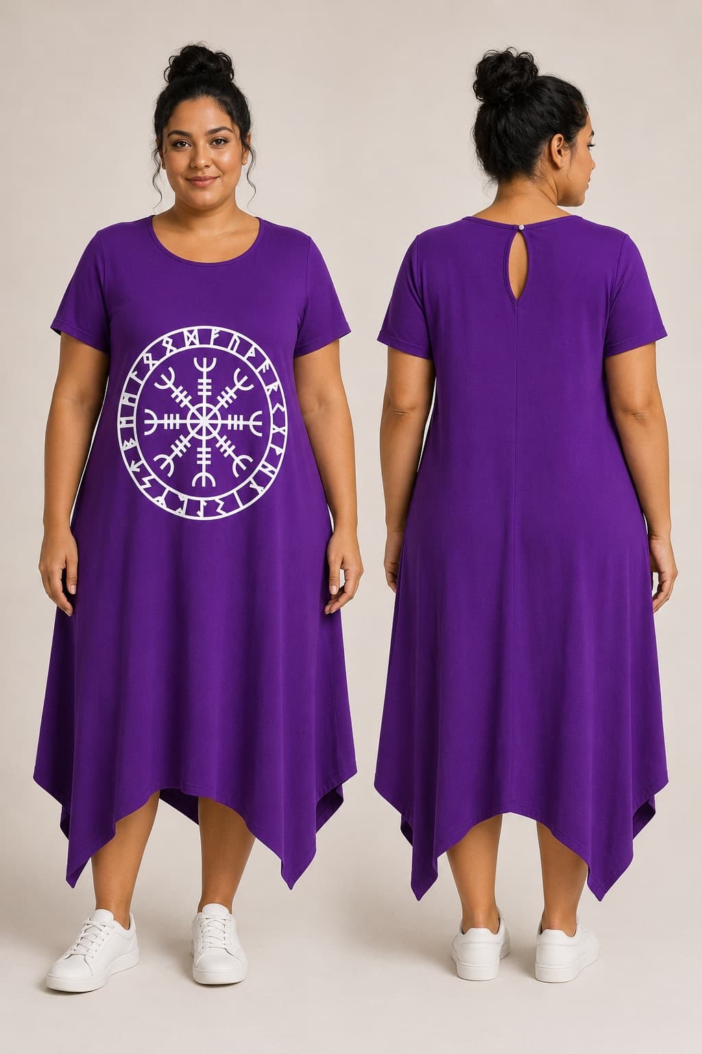 Vestido de Manga Elmo com Alfabeto de Runas — Roxo Intenso