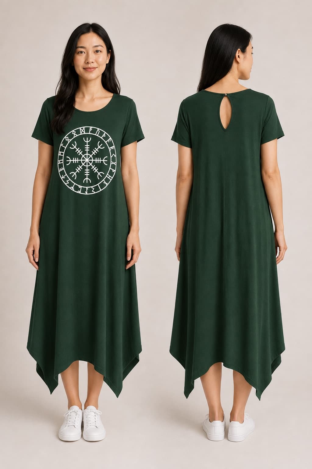 Vestido de Manga Elmo com Alfabeto de Runas — Verde Floresta Escuro